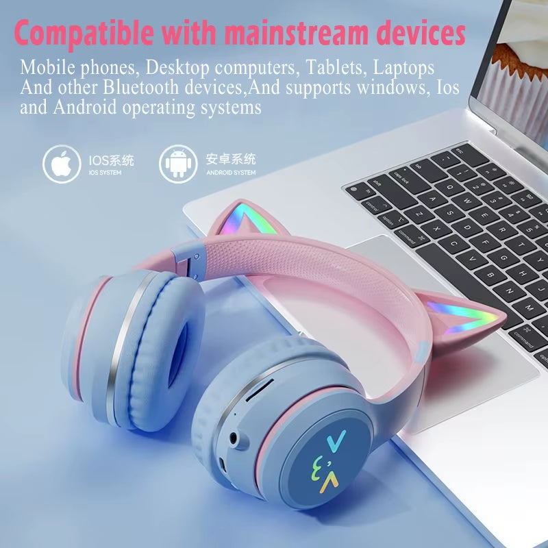Cat'S Ears Headset RGB Light Smile Face TWS Headset Gradient New Headphone Pink Little Girl Earphone Gift Suitable for Any Phone
