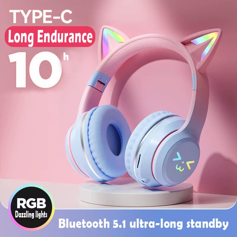 Cat'S Ears Headset RGB Light Smile Face TWS Headset Gradient New Headphone Pink Little Girl Earphone Gift Suitable for Any Phone