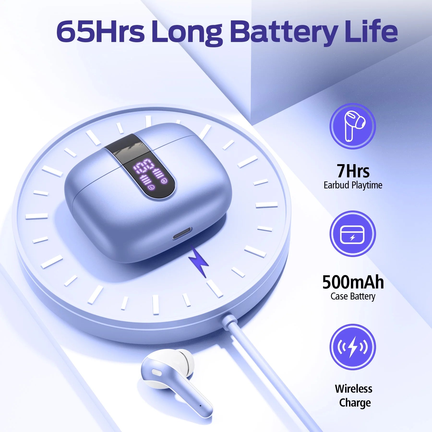 VEATOOL Bluetooth Headphones True Wireless Earbuds 65H Playback Power Display Earphones with Wireless Charging Case IPX7 Waterproof In-Ear Earbuds with Mic for TV Smart Phone Computer Laptop